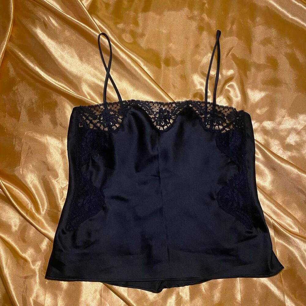 Vintage Black Satin Lace Trim Cami Top - Picture 2 of 5